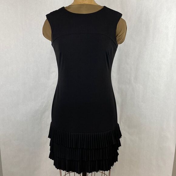 Peter Nygard Pleated Ruffle Hem Dress Black 6P 6 Petite Sheath - Picture 1 of 12